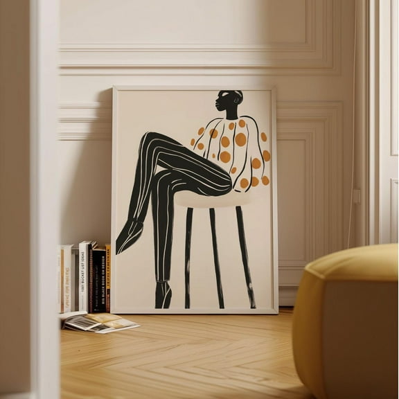 Minimalist Seated Figure Art, Black And White Striped Pants, Bold Polka Dot Top Abstract Fashion Wall Art Modern Print Wall Art, Modern Wall Decor, 8x12 UNFRAMED