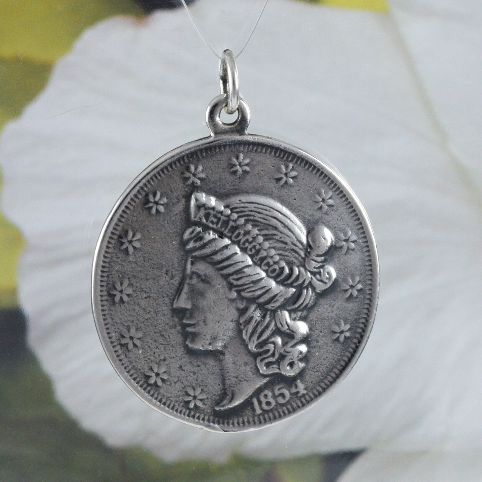 Unique Large Kellogg Coin 1854 Necklace, Sterling Silver Coin