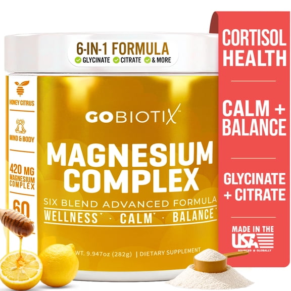 GoBiotix Magnesium Complex Powder with Magnesium Glycinate & Citrate, Honey Citrus Flavor, 60 Servings