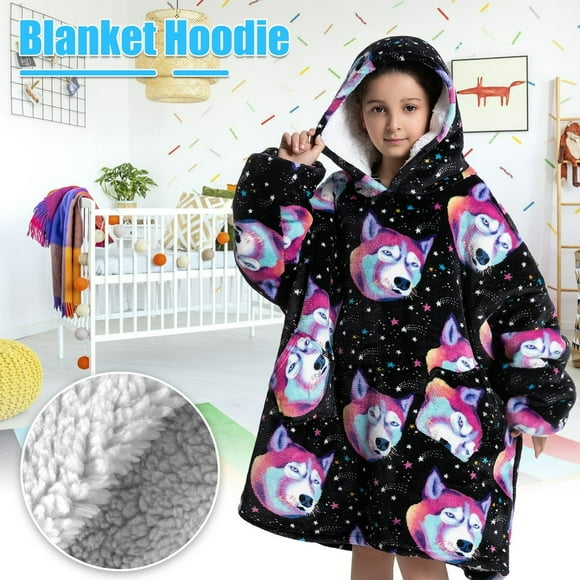 DEBGFS Blanket Hoodie for Kids Oversized Wearable Hooded Blanket Soft Warm Flannel Hoodie Sweater Blanket Animal Pattern Blanket Sweatshirt One Size Fits All Wearable Blanket with Pockets,style1