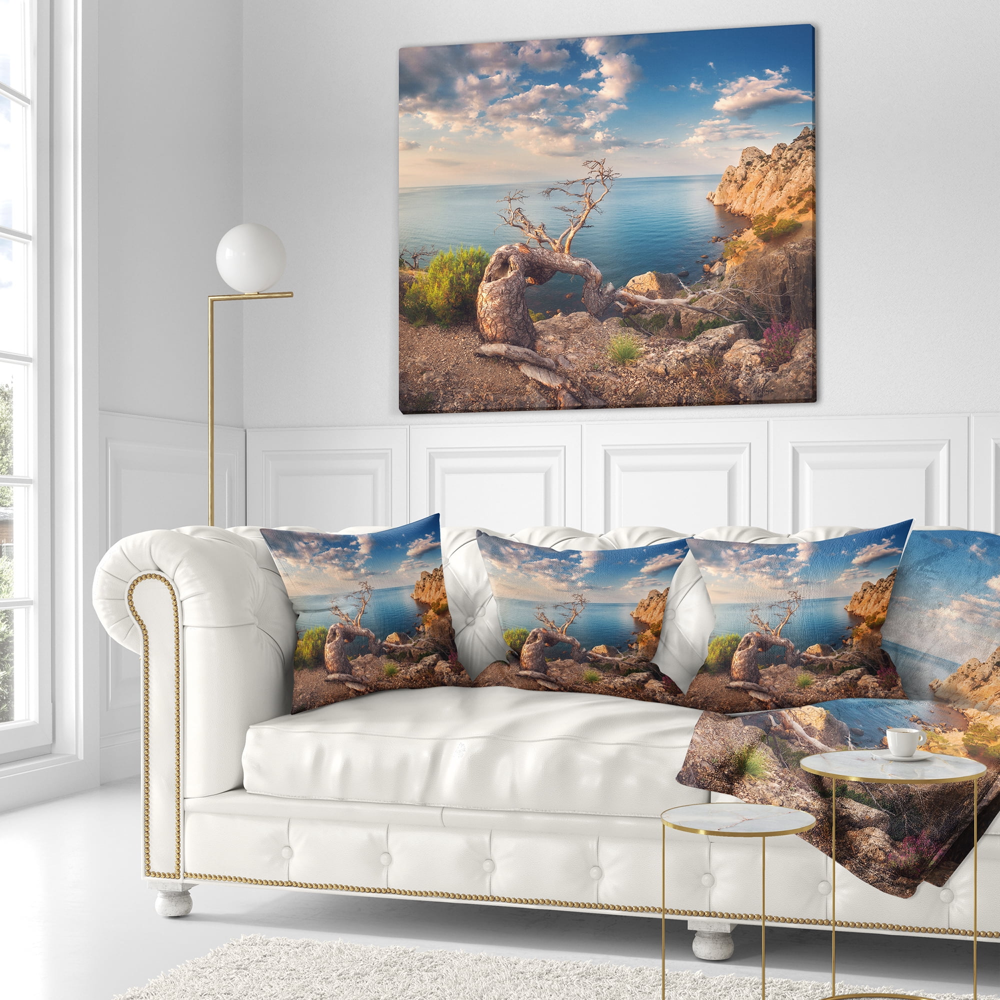 Designart Sunny Morning with Old Tree - Seashore Photo Throw Pillow - 18x18