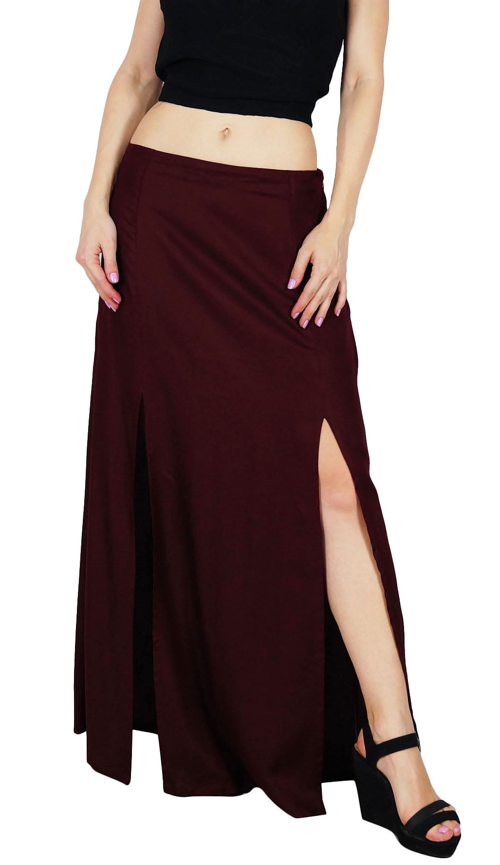 Bimba Women Long Rayon Maxi Skirt With Front Slits Maroon