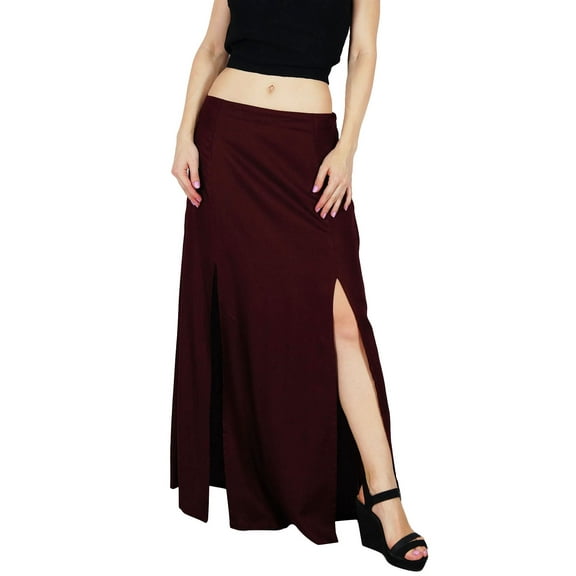 Bimba Women Long Rayon Maxi Skirt With Front Slits - Maroon