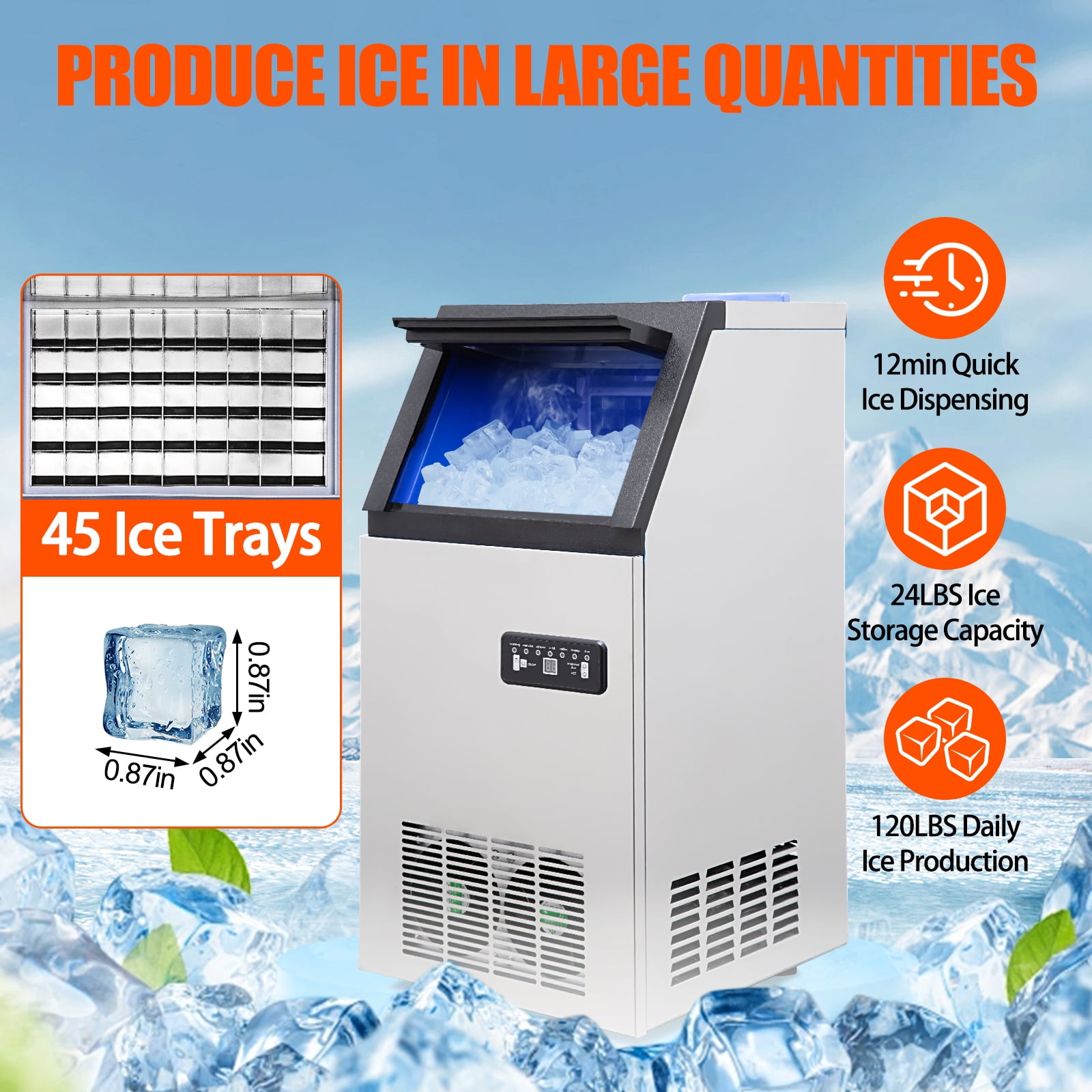 Commercial Ice Maker Machine, 100/120/130LBS/24H Stainless Steel Under Counter Ice Maker with 24lbs Ice Storage Capacity, 15 Quick Ice Dispensing, for Restaurant, Home, Bars, Coffee Shop