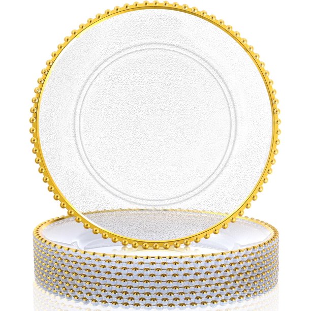 Paquete de 6 platos de carga transparentes a granel de plástico redondo de 13 pulgadas con abalorio redondas de plástico para cenas, platos decorativos de grano esmerilado acrílico para