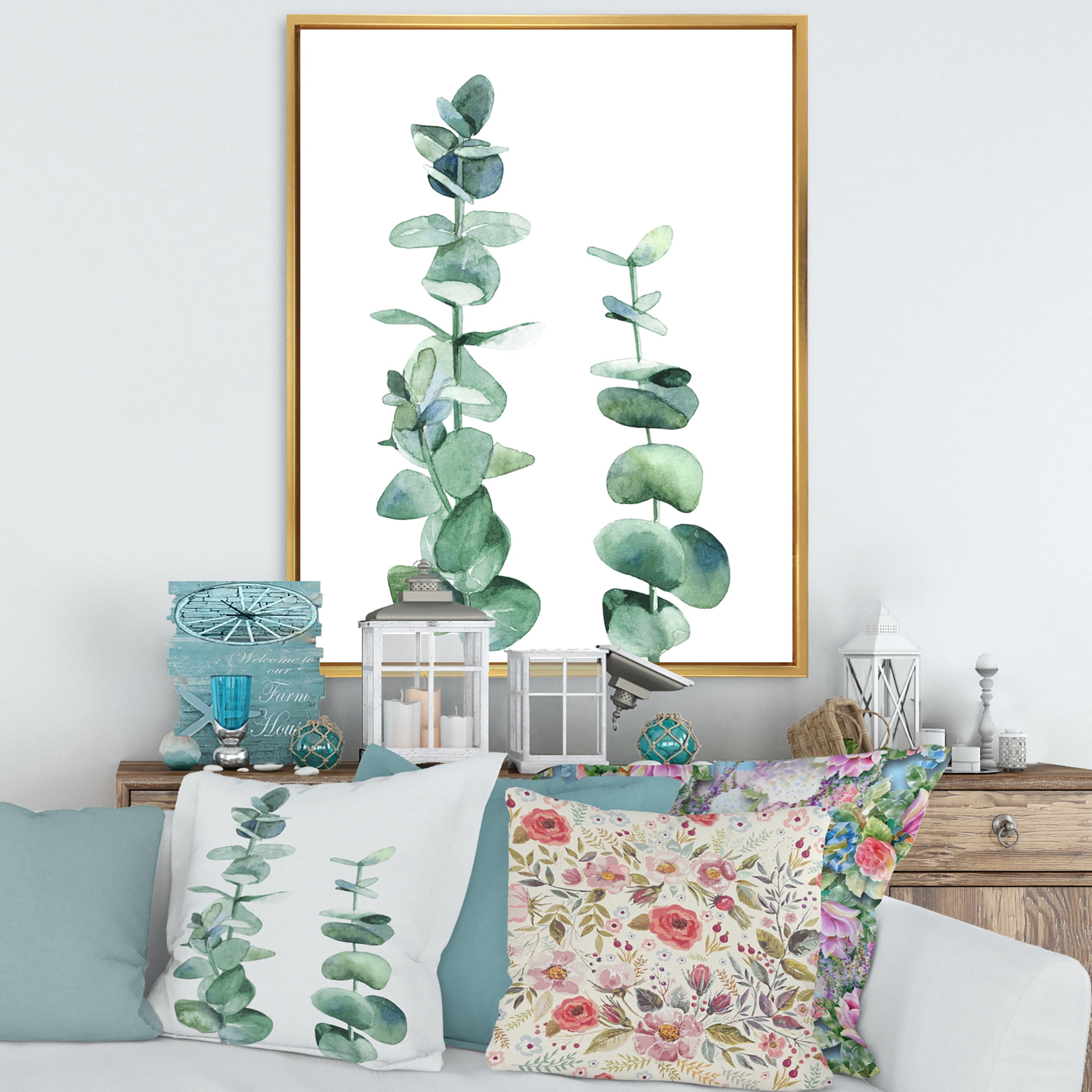 Designart 'Green Eucalyptus Branch' Tropical Framed Canvas Wall Art Print