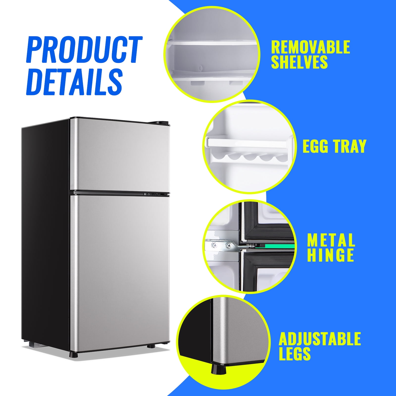 Tacool Apartment Size Mini Fridge Dual Door 2.4Cu.ft Dorm Small Refrigerator with Freezer, Silver, New