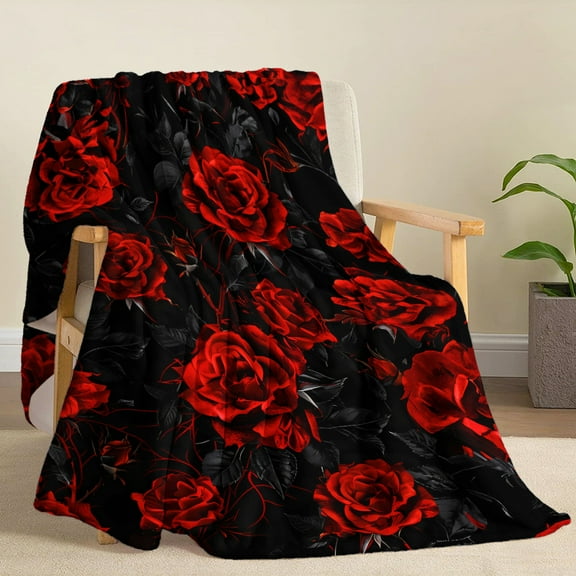 Luxurious Vintage Red Roses Oil Painting Style Throw Blanket Soft Warm Black Flannel with Vibrant Floral Design for Naps Camping Travel & Home Decor Ideal Gift for Friends Family & Lovers
