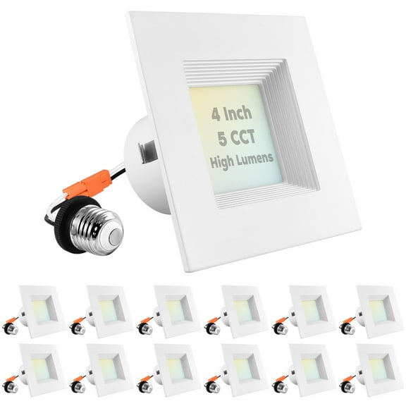 Luxrite 12-Pack 4 inch Square LED Recessed Can Lights, 14W=75W, 5 Color Options 2700K-5000K, 950 Lumens, Dimmable, Wet Rated, Baffle Trim