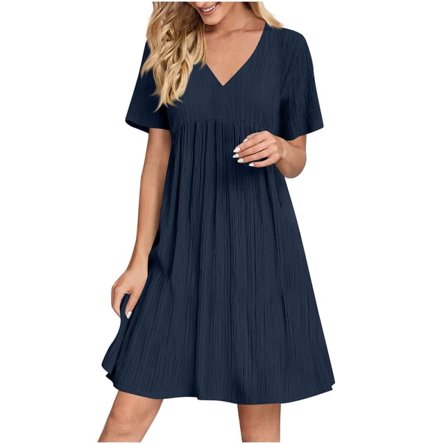 LOVZFMLL Robes d'Été pour Femmes Décontractées à Manches Courtes Col en V Robe de Plage Fluide à Volants Longueur Genou Marine m