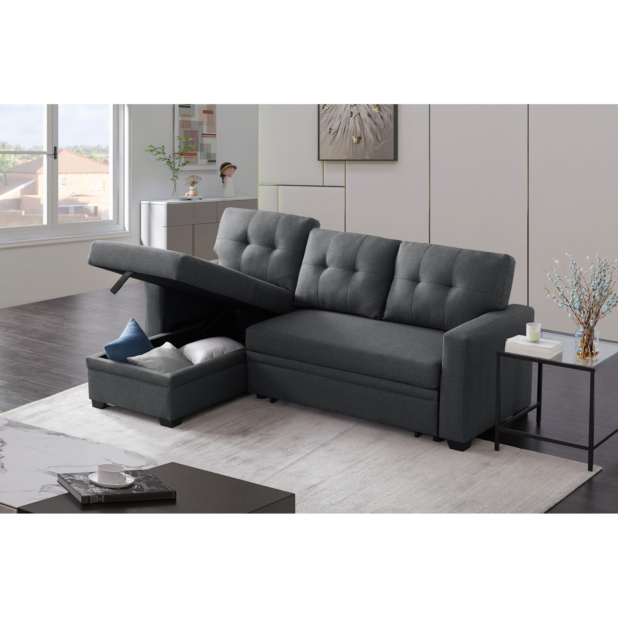 Upholstered Pull out Sectional Sofa with Chaise Modular Couches with Storage 5 Seat Sponge Sofa for Living Room Dark Gray