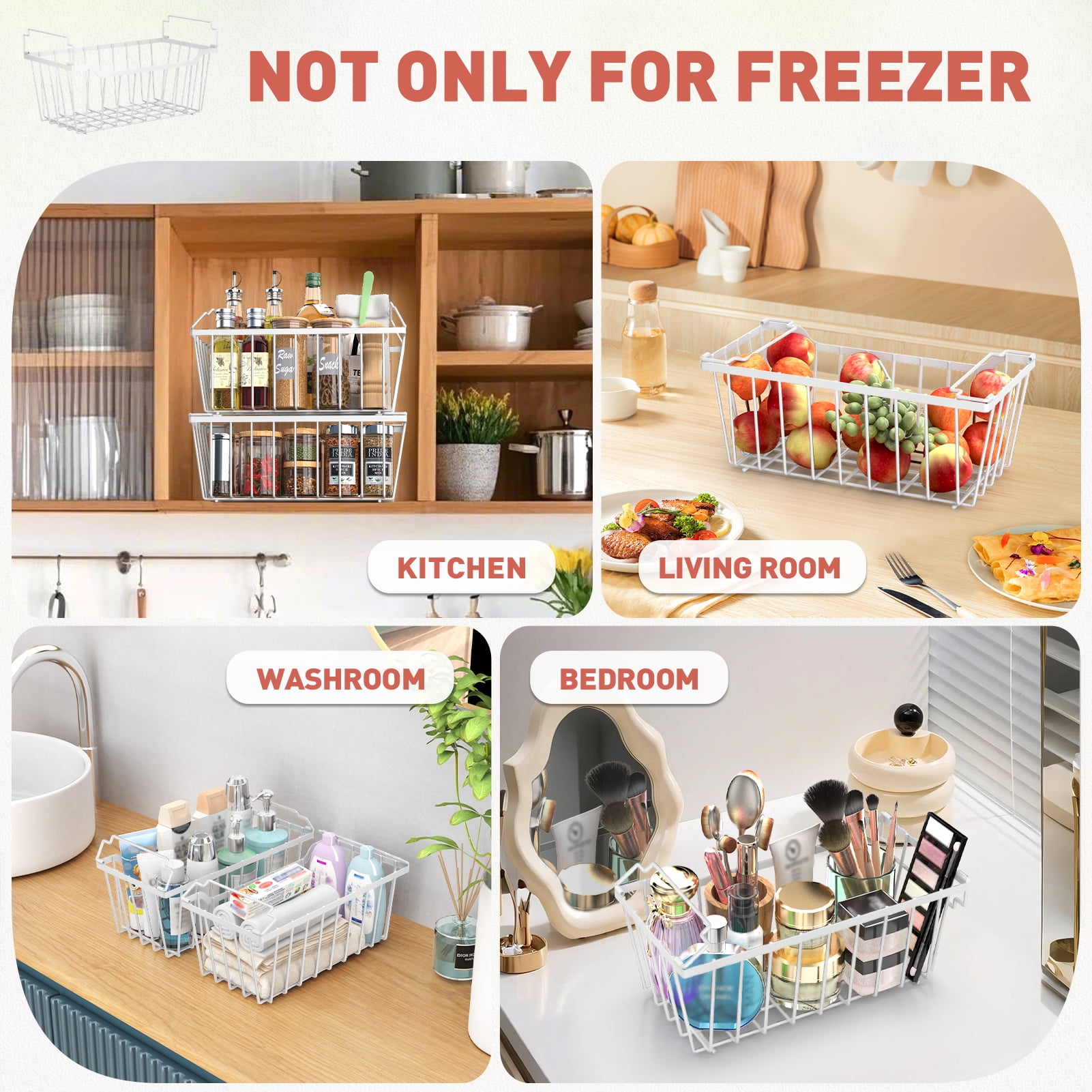 SUNALLY Freezer Organizer Bins 4 Pack, Stackable Freezer Baskets with Foldable Handle for 3.5-7 Cu.FT Deep Chest Freezer Organization, Coated Metal Storage Bins White