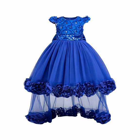 SUXIAN Girls Summer Dress Sparkly Wedding Embroidered Long Sleeve Puffy Formal Party Toddler Princess Dress Blue 5-6 Years