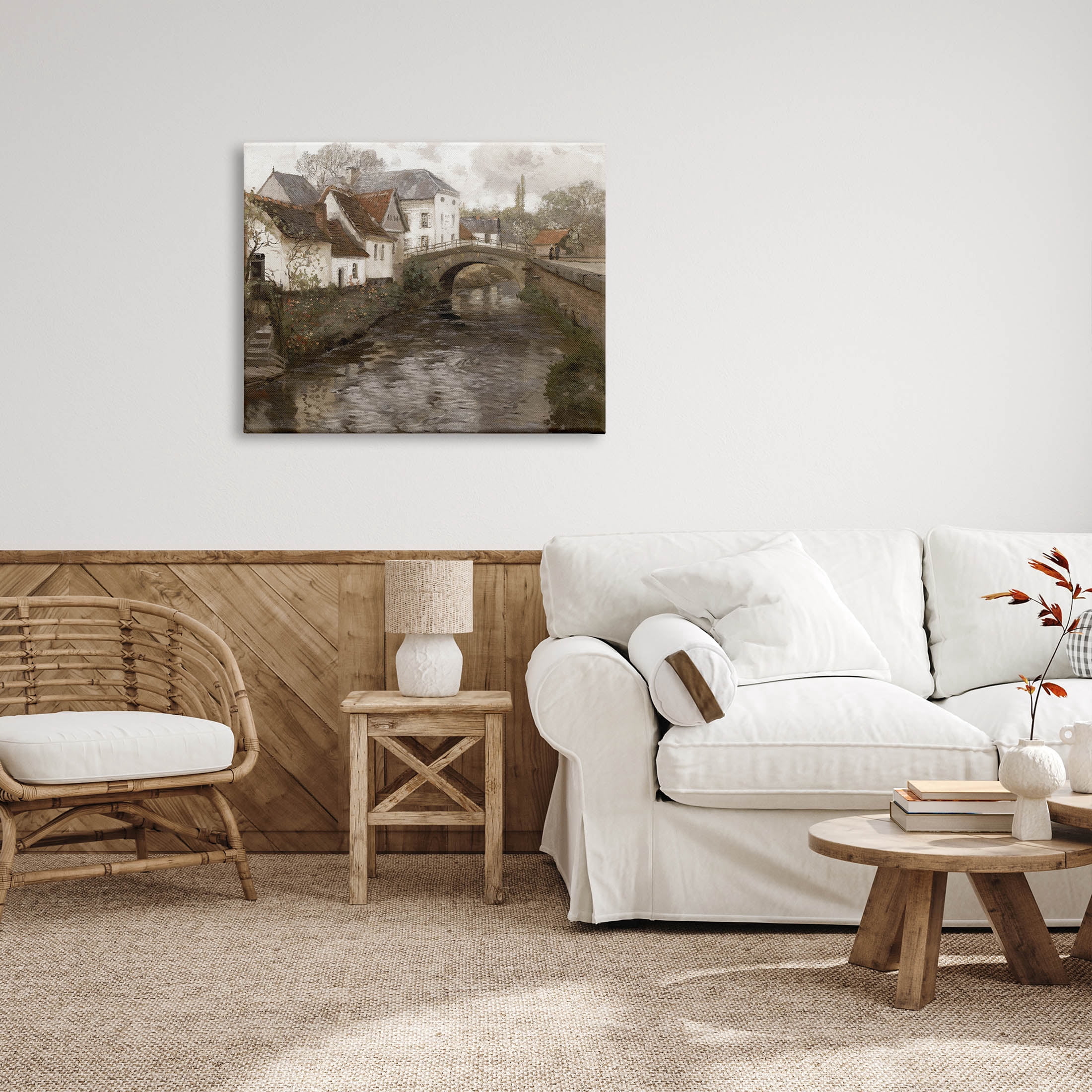 Classic Canal Neighborhood Scenery Landscape Painting Gallery Wrapped Canvas Print Wall Art