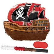Fuliko Pirate Piñata - Pirate Ship Piñata with Blindfold and Bat for Boys Caribbean Pirate Piñata Birthday Decorations Games Pirate Party Supplies 16.4" x 12.4"