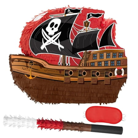 Fuliko Pirate Piñata - Pirate Ship Piñata with Blindfold and Bat for Boys Caribbean Pirate Piñata Birthday Decorations Games Pirate Party Supplies 16.4" x 12.4"