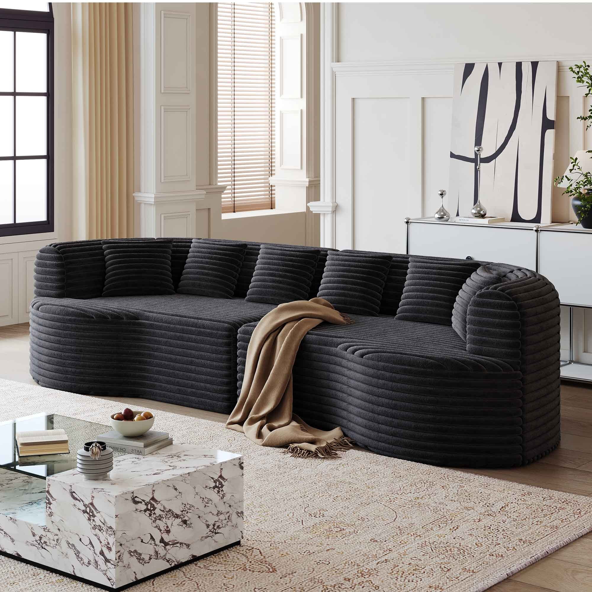 Lunale 106" Oversized Curved Sofa, Modern Boneless Cloud Couch for Living Room, Black Corduroy