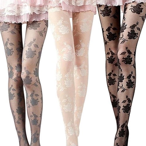 Women Fashion Rose Pattern Tight Lace Pantyhose Sexy See-through