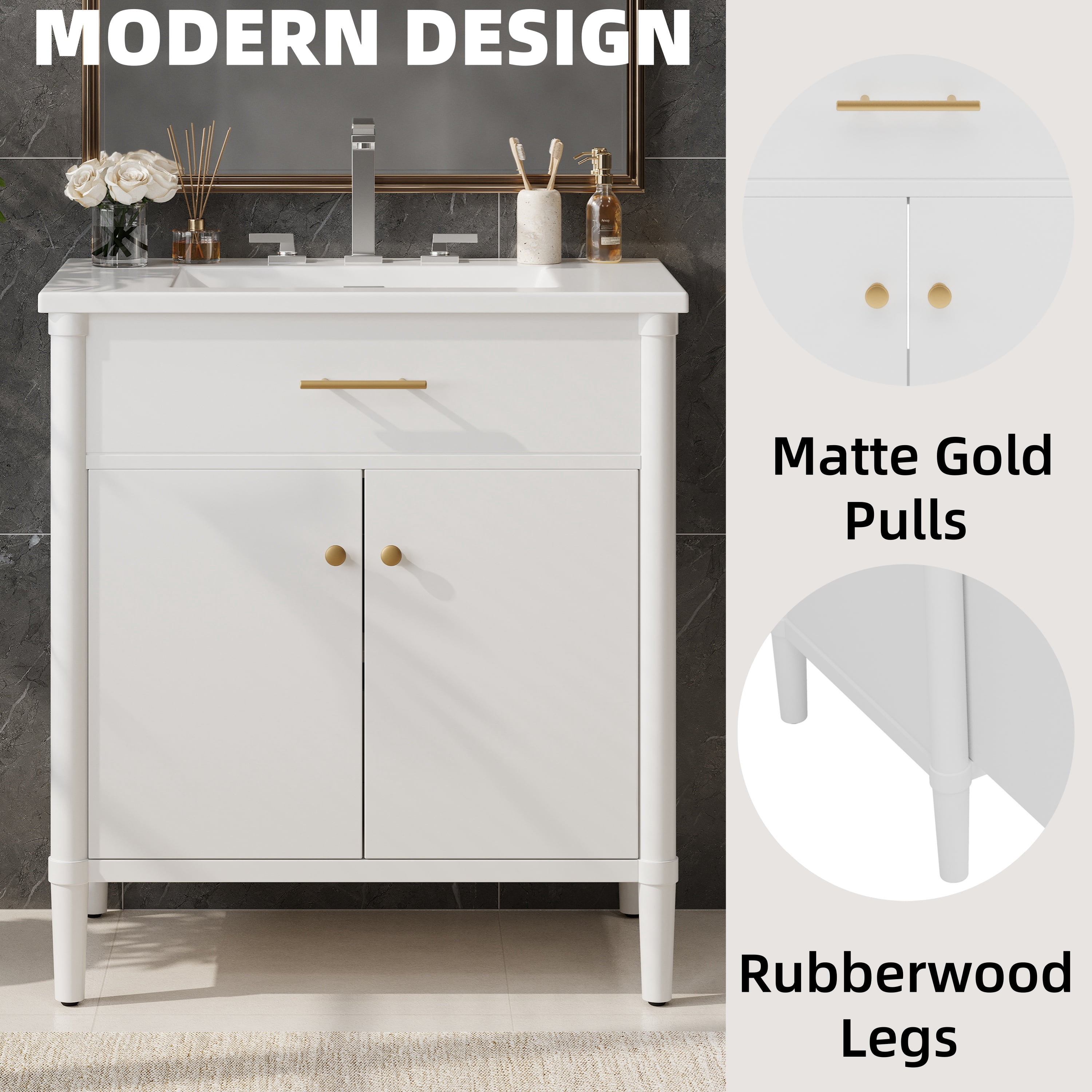 Euroco 31" Bathroom Vanity with Sink, Bathroom Cabinet with Soft Close Doors and Adjustable Shelf, Curved Profile Design, Rubber Wood Legs, White