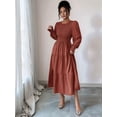 thumbnail image 3 of Fall Wedding Guest Dresses for Women Puff Long Sleeve Smocked Casual Crew Neck Tiered A Line Flowy Long Dress Brown M, 3 of 5
