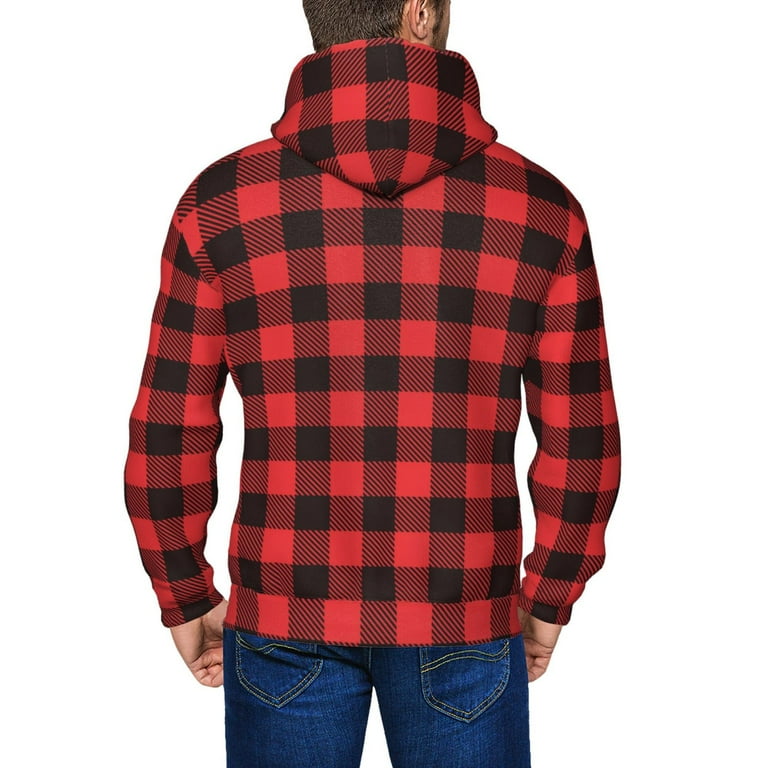 Zip Up Hoodies for Men black red buffalo plaid Checkered Long