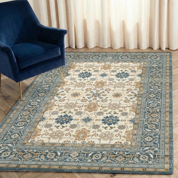 181 Degrees Vintage Entryway Runner Rug, Blue & Cream Floral Pattern, Non-Slip Compatible, Low Pile Indoor Rug for Entryway, Kitchen, Hallway - 27x45 Inch