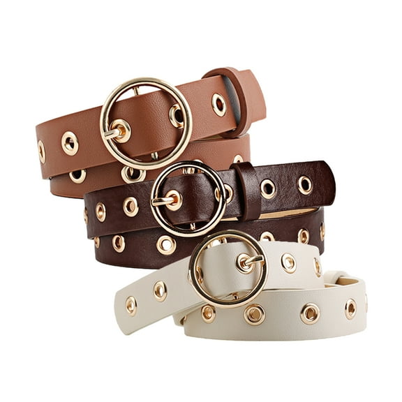 INSPIRE CHIC Women's Studded Grommet Circle Metal Buckle Leather Belt Beige Rust Brown Up to 35 inches