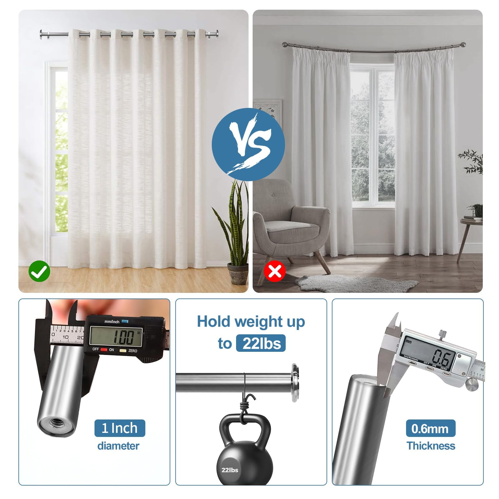 Urbanest 1" Adjustable Curtain Rod Set with Cap Finial Metal Window Drapery Rod, Modern Minimalist Design
