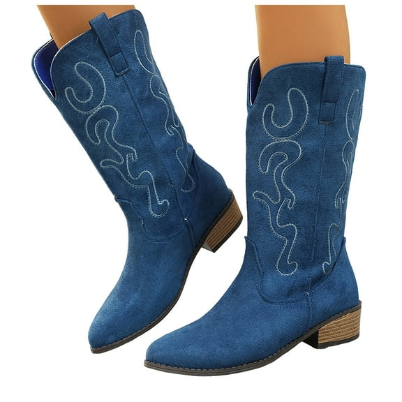 Cowboy Boots for Women Wide Calf Pull on Embroidery Pointed Toe Chunky Stracked Heel Booties