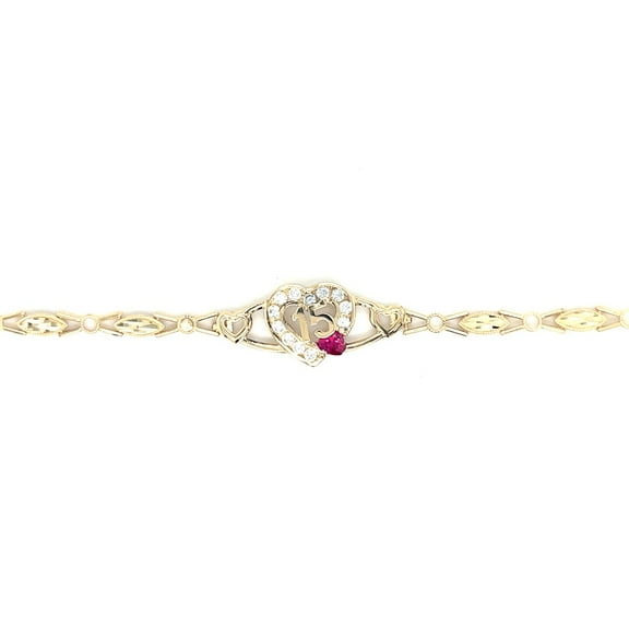 14k Quincenera CZ Heart Bracelet 7"
