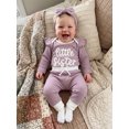 thumbnail image 3 of Cjfdfy Newborn Baby Girls Fall Outfit Long Sleeve Little Sister Letter Embroidery Romper Pants Headband 3-piece Set  Infant Baby Girl Ruffle Long Sleeve Ribbed Fall Winter Clothes, 3 of 6