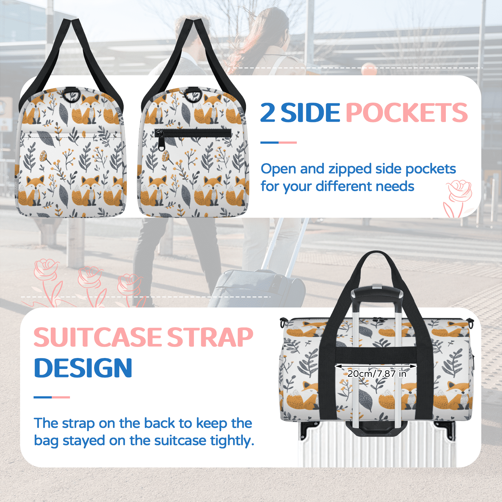 Herdesigns Fox Travel Duffle Bag Sports Yoga Weekender Overnight Carry on Workout Bags Lightweight Waterproof Gym Tote Bag for Women Wildlife