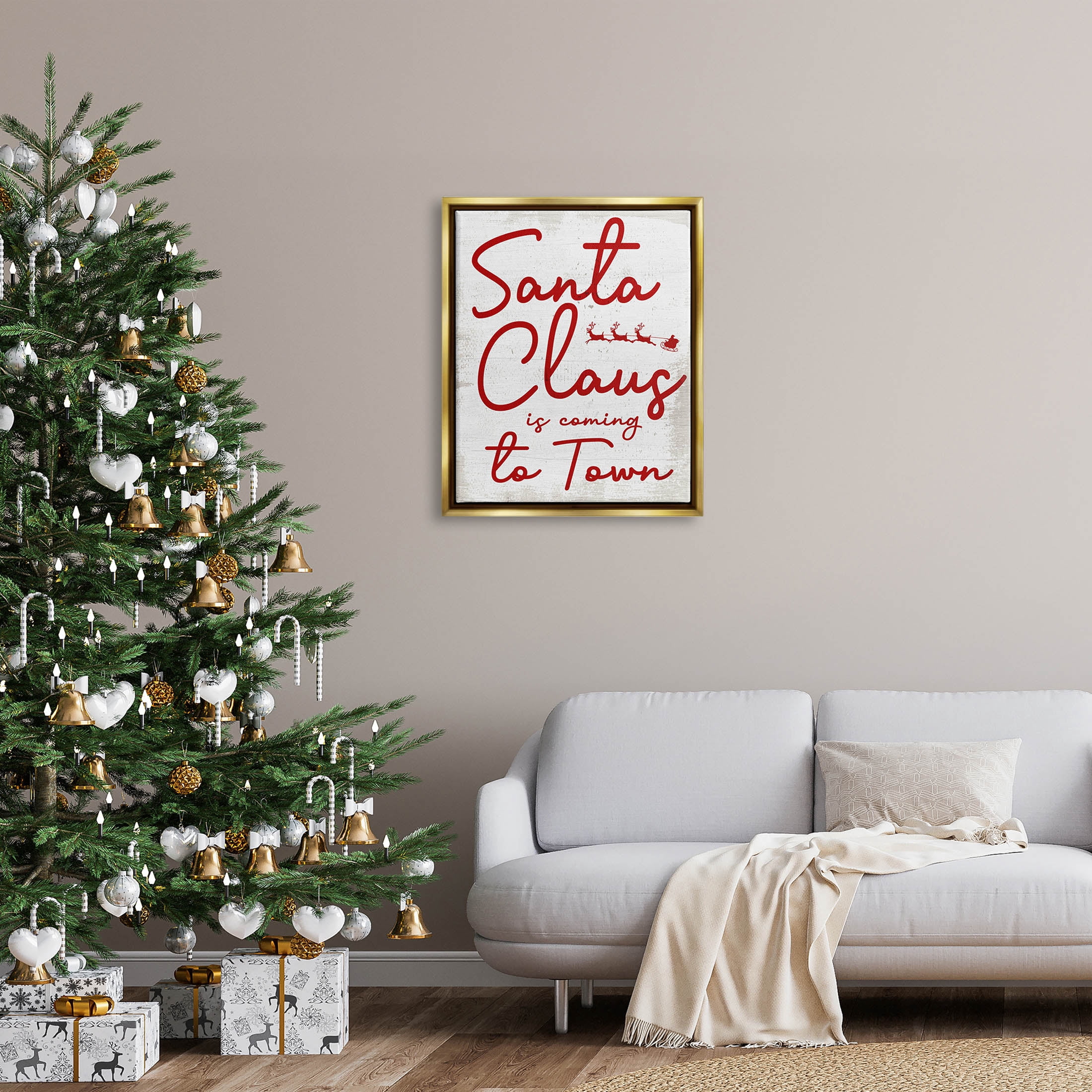 Santa Claus Coming to Town Phrase Holiday Graphic Art Metallic Gold Framed Art Print Wall Art