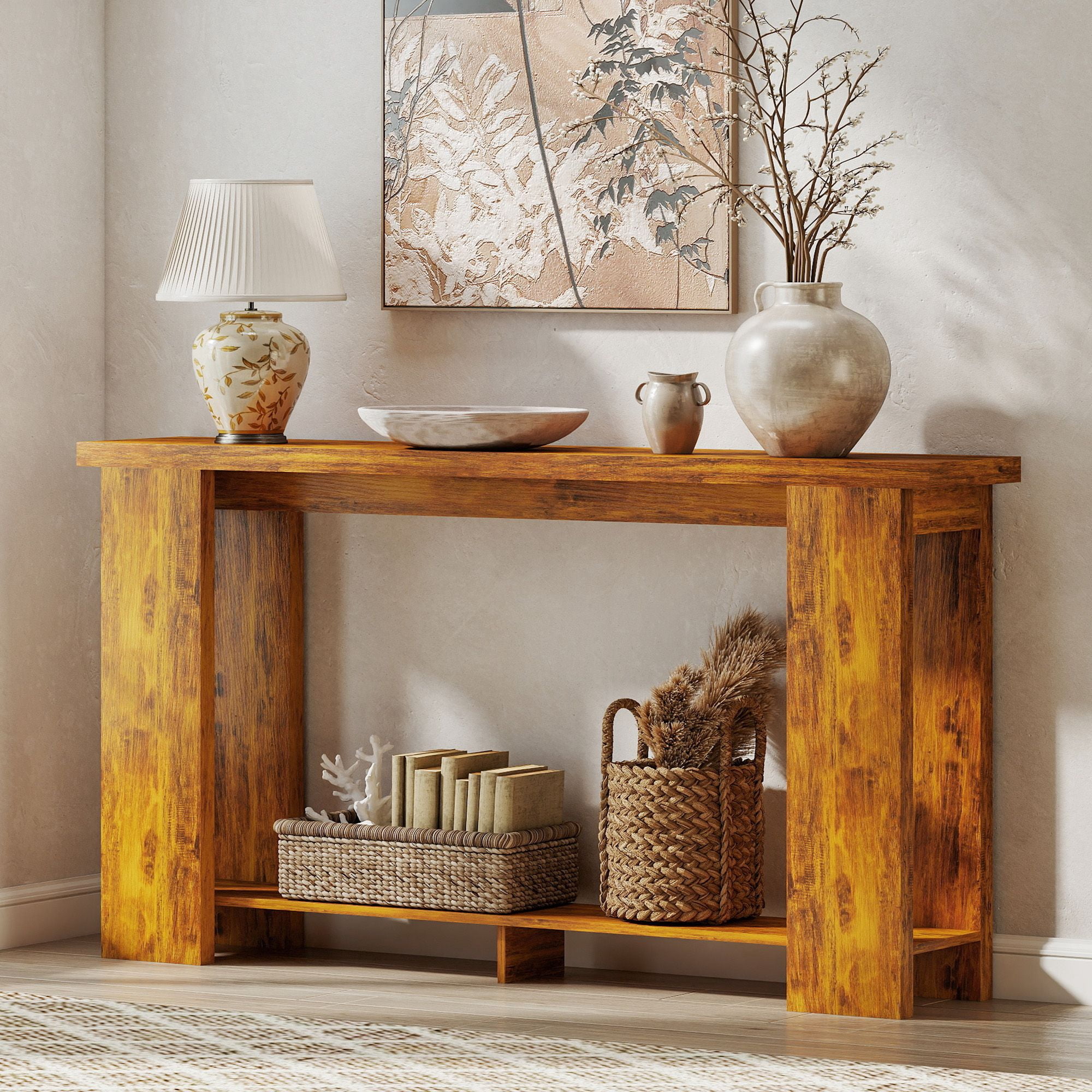 63 Inch Farmhouse Console Table Narrow Sofa Table, Rustic Wood Grain Entryway Table with Lower Storage Shelf, Thick Tabletop Supports 77lbs for Hallway Living Room