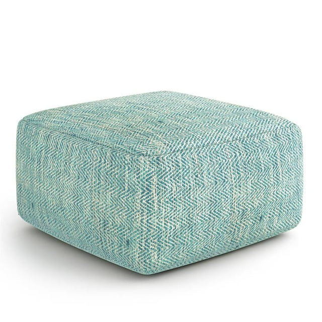 Simpli Home Nate Transitional Square Pouf in Patterned Aqua Blue Melange Cotton