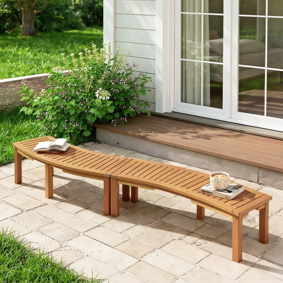 Resenkos Garden Bench, Patio Bench, Outdoor Curved Acacia Wood Fire Pit Bench with Slatted Seat-Set of 2