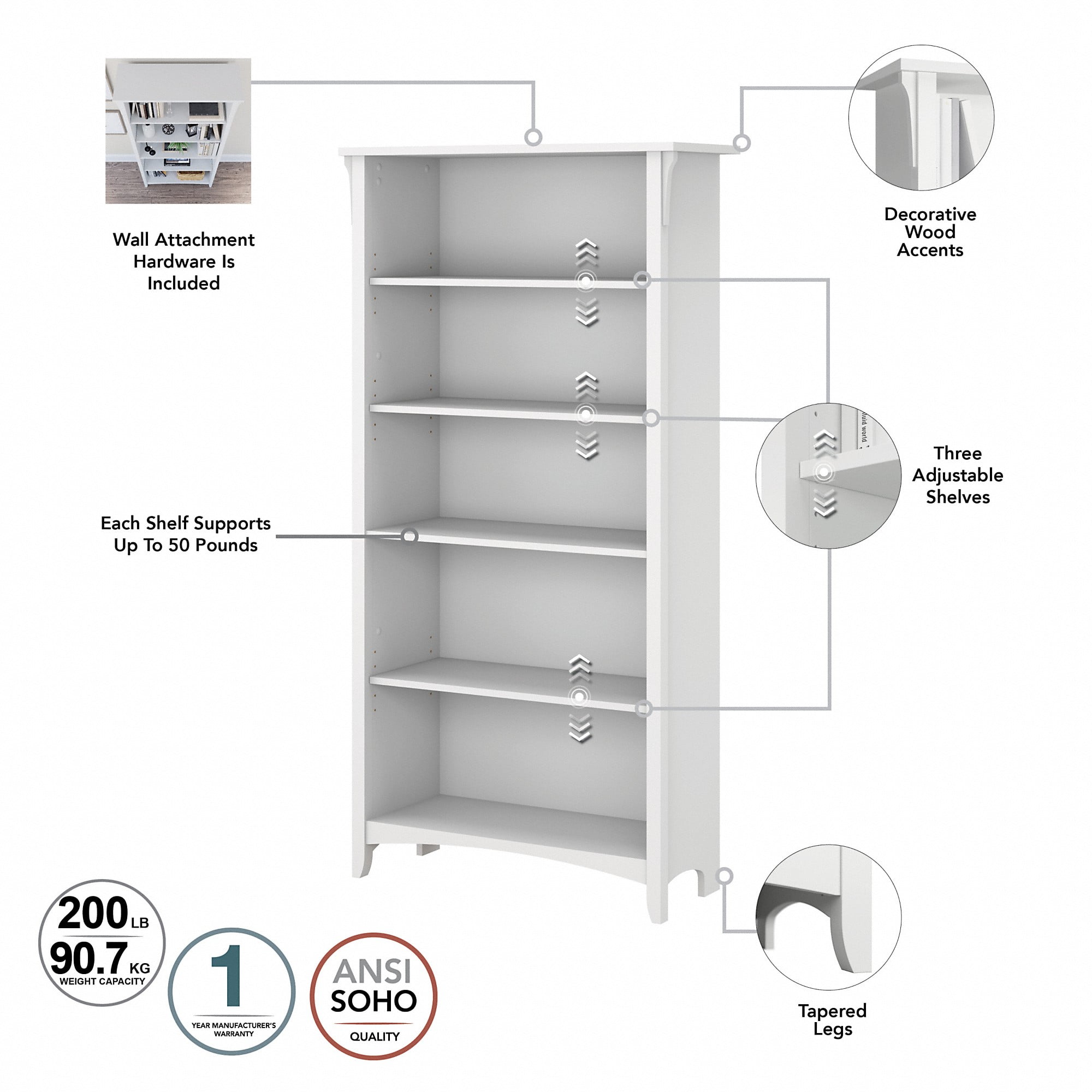Salinas Tall 5 Shelf Bookcase in Pure White and Shiplap Gray - Engineered Wood