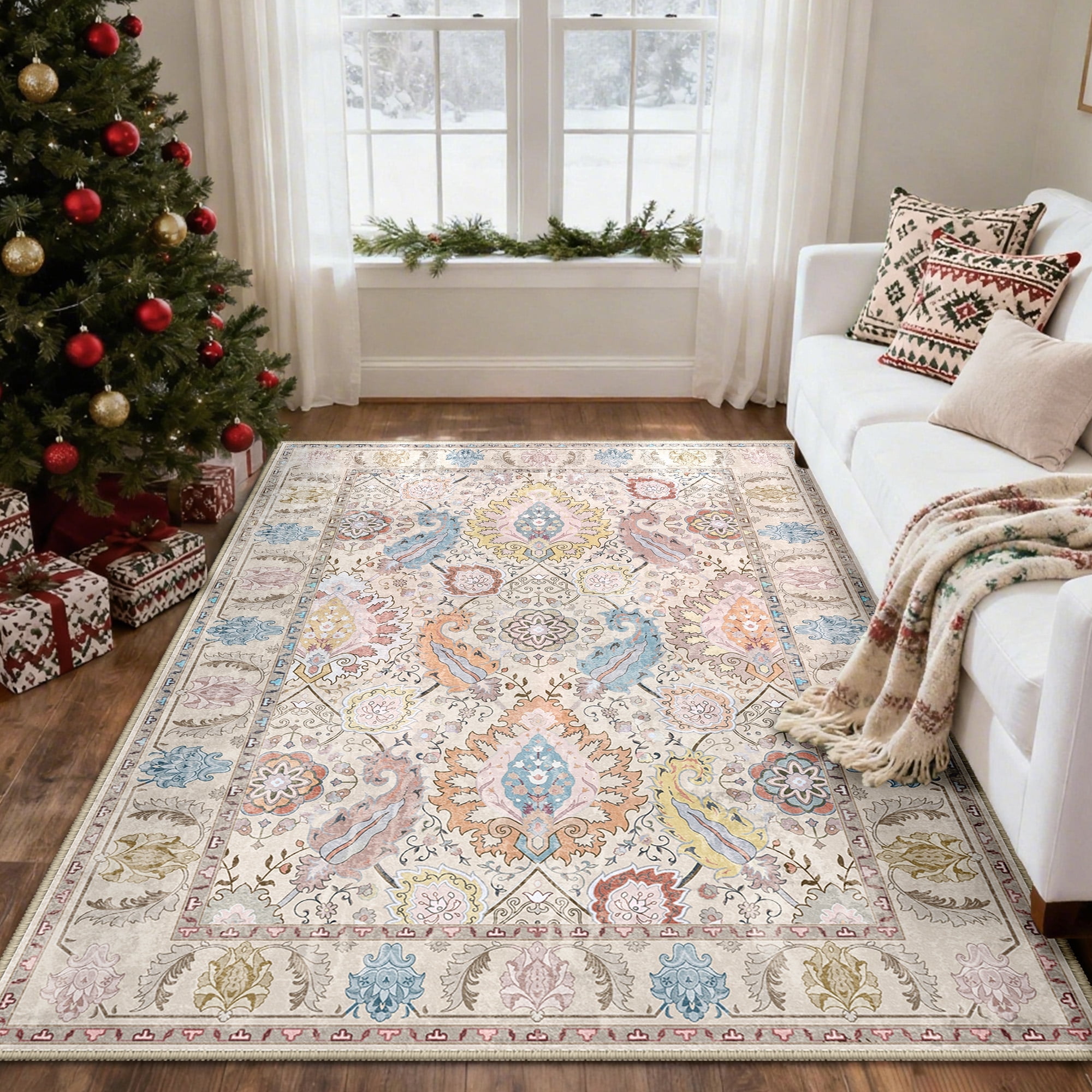 NewBuros Area Rugs 5'x7' Washable Non-Slip Boho Rugs, Soft Stain Resistant Low Pile Print Indoor Carpet for Living Room Bedroom Dining Room, Cream