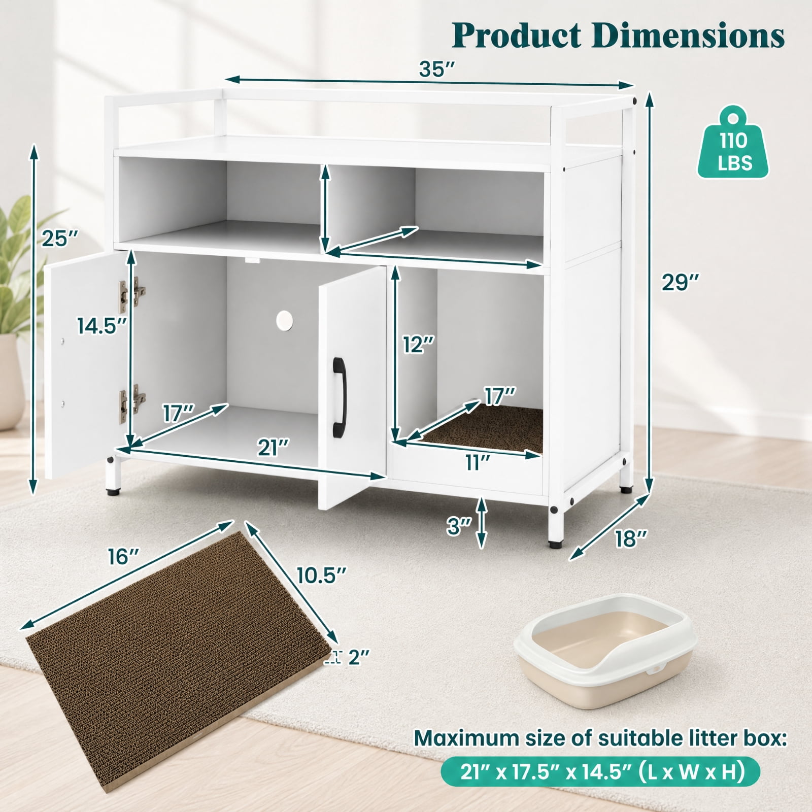 SUGIFT Hidden Cat Litter Box Enclosure, Wooden Cat Washroom Furniture with Double Doors, End Side Table Cat House, Off White