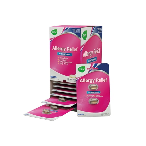 AXIV Allergy Relief Softgels, Antihistamine Medicine & Cold Symptom Relief, Dye-Free Liquid Gels, 25 mg Diphenhydramine HCl, Runny Nose, Sneezing, 25 Blister Packs (2 Softgels Each, 50 Total)