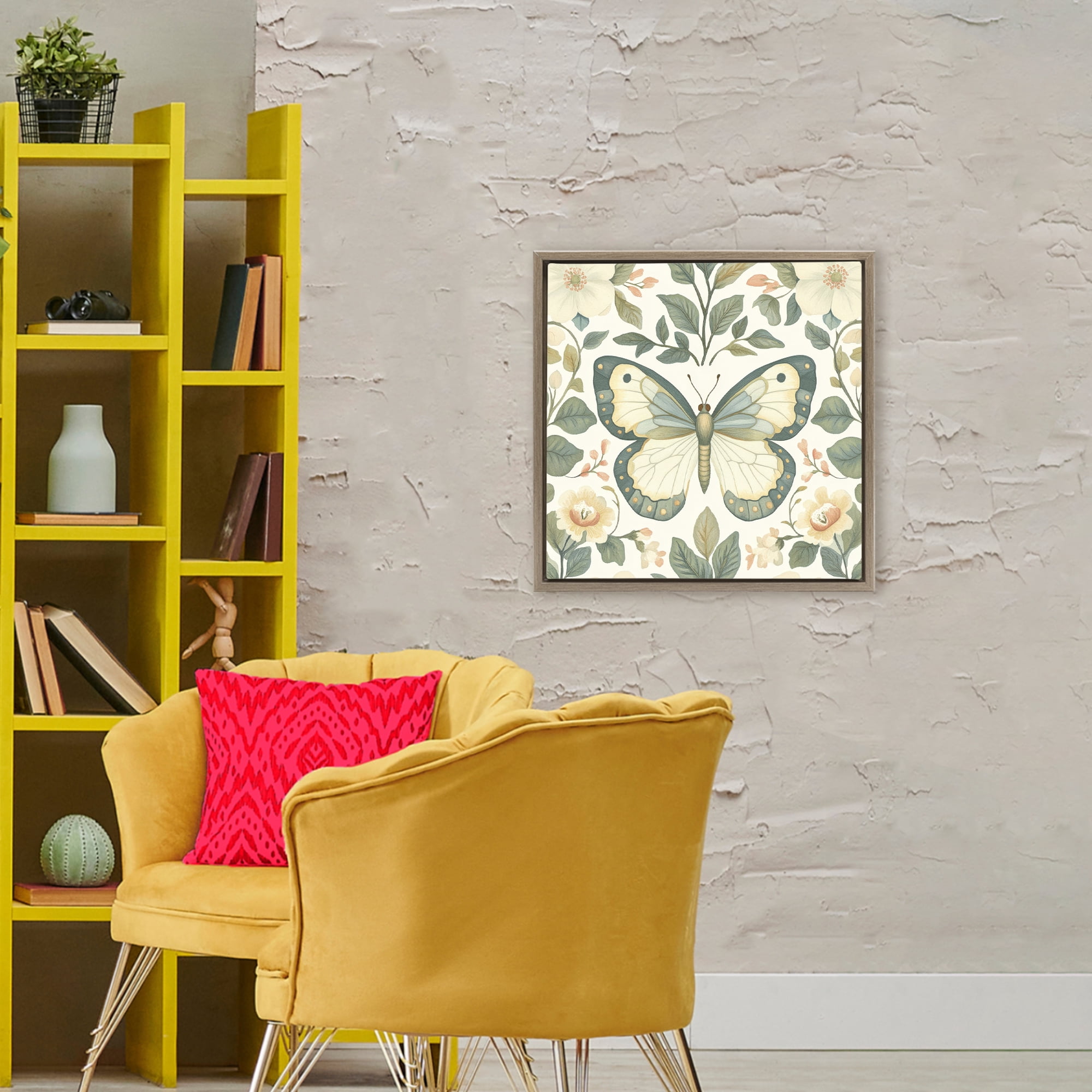 Stupell Industries Sage Butterfly and Florals Brown Framed Floater Canvas Wall Art, design by Petal Prints Design