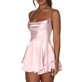 thumbnail image 2 of Women'S Elegant Satin A-Line Summer Sleevesless Rompers Bandage Back Spaghetti Strape Tiered Mini Dress Jumpsuits Pink L, 2 of 8