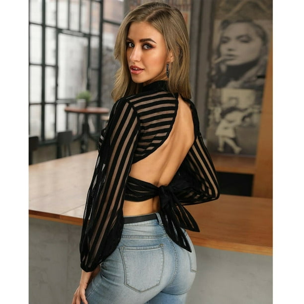Women Fashion Crew Neck Stripe Long Sleeves Backless Tops Shirts Blouse New  