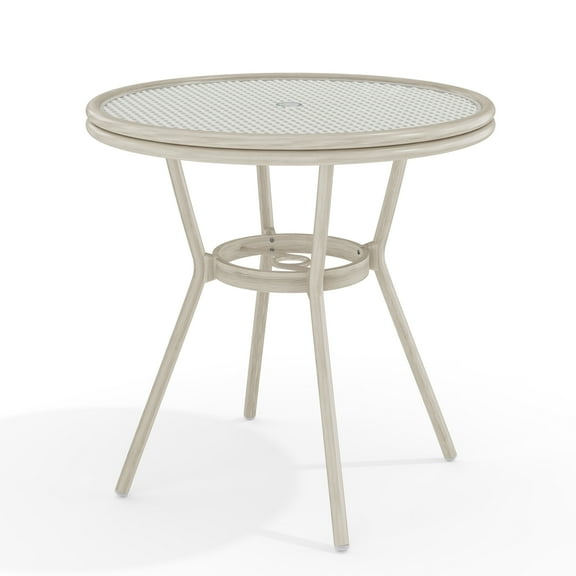 Martha Stewart 31.5" Round Indoor-Outdoor Bistro Dining Table with Gray Woodgrain Aluminum Finish Frame and White/Gray Woven Rattan Tabletop