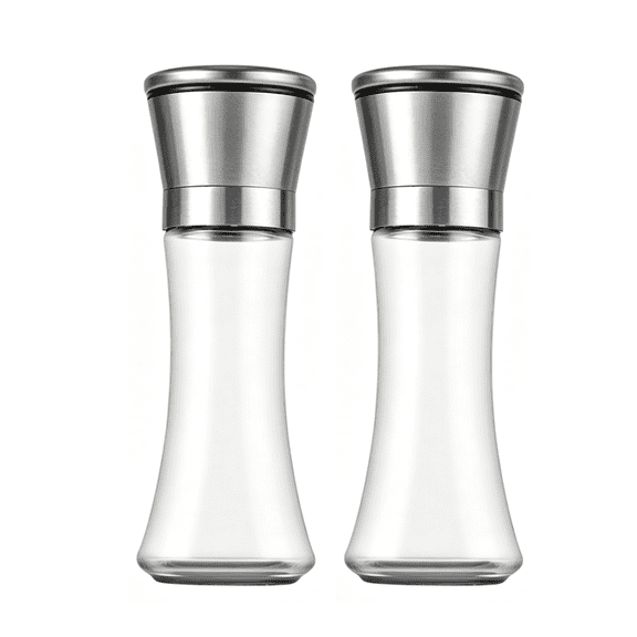HKquanlin Salt and Pepper Grinder Set of 2, Manual Spice Mill with Stainless Steel Top and Clear Glass Body, Silver