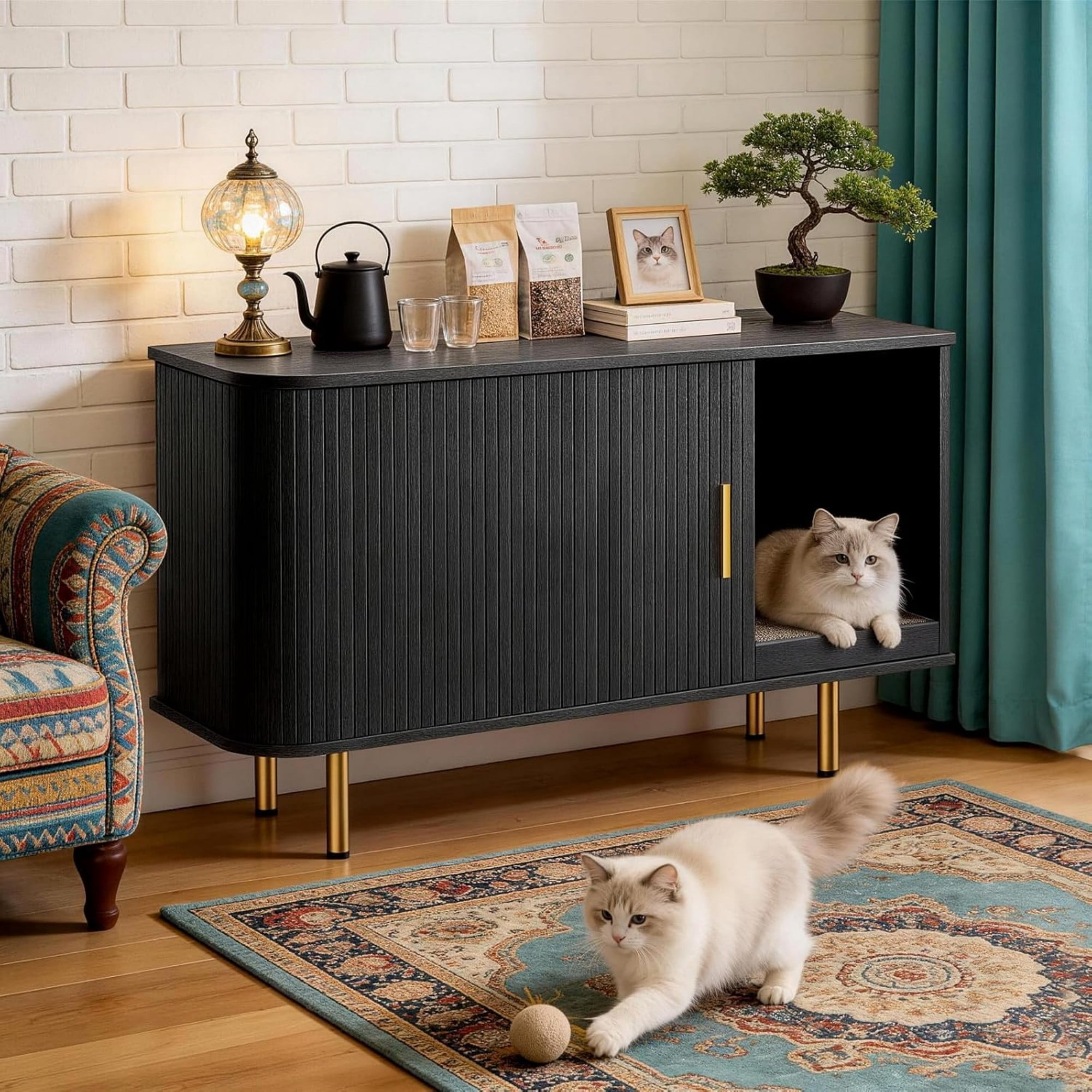 Cat Litter Box Enclosure Furniture with Sliding Door, Hidden Cat House Cabinet with Scratch Pad, Modern TV Stand Side Table, Black
