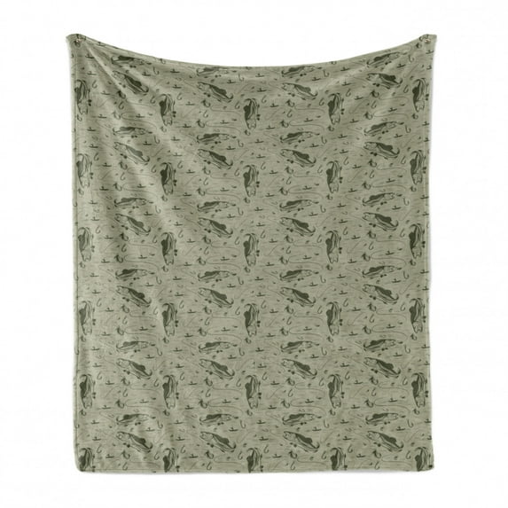 Fishing Soft Flannel Fleece Blanket, Hobby Concept Pattern with Fisherman on Boat Catching Trouts with Rot and Hook, Cozy Plush for Indoor and Outdoor Use, 70" x 90", Dusk Army Green, by Ambesonne