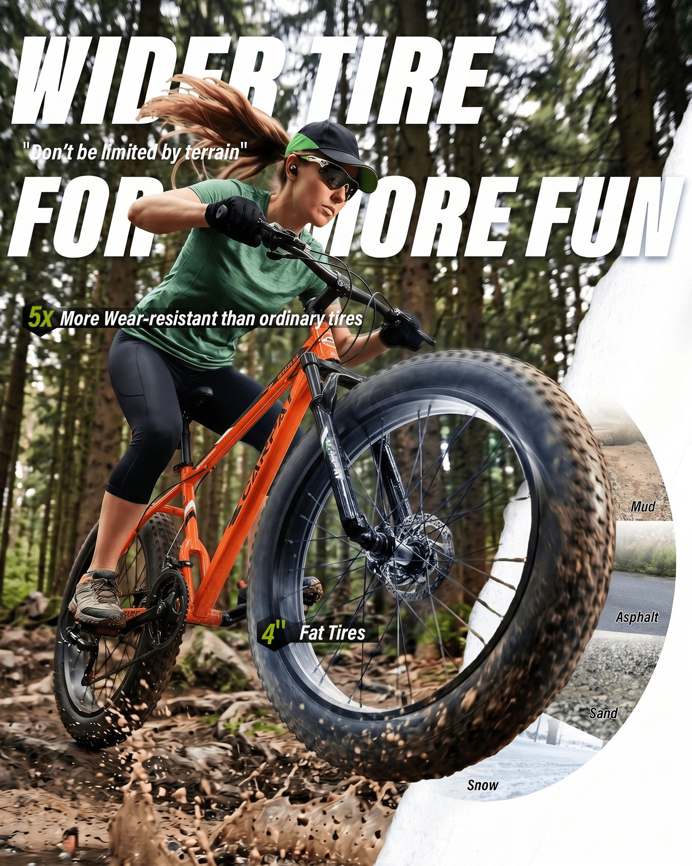 26 inch Fat Tire Mountain Bike for Adult, Outdoor Cycling Bike with 21-Speed for Men Women, High Carbon Steel Frame, Dual Disc Brake, 4 Inch Wide Tires, Front Suspension, Anti-Slip Bikes, Orange