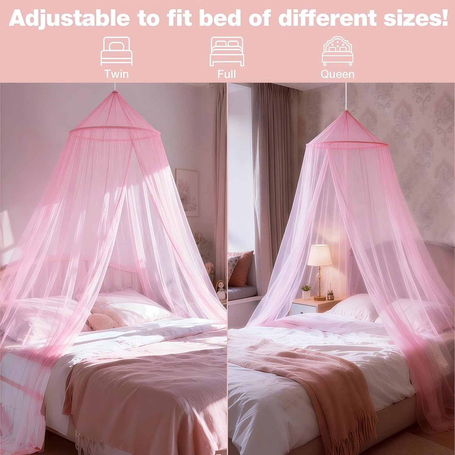 Pink Bed Canopy for Girls,Kids Princess Round Dome Bed Curtain, Dreamy Mosquito Netting for Girls, Bedroom Accessories, Ceiling Tent