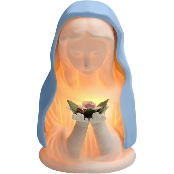 Estatua de la Virgen María con Luz Nocturna para Oración en el Recámara, Lámpara de Decoración Religiosa Católica de Resina